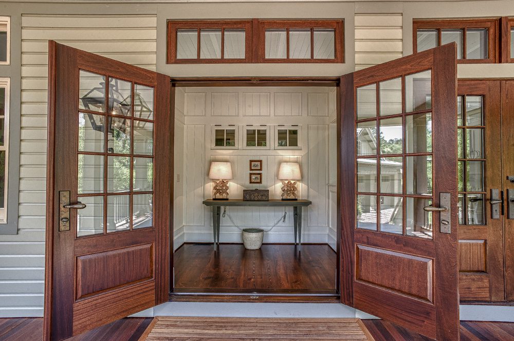 A large open door leading to the front of a house.