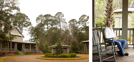 A collage of two pictures with trees and a chair.